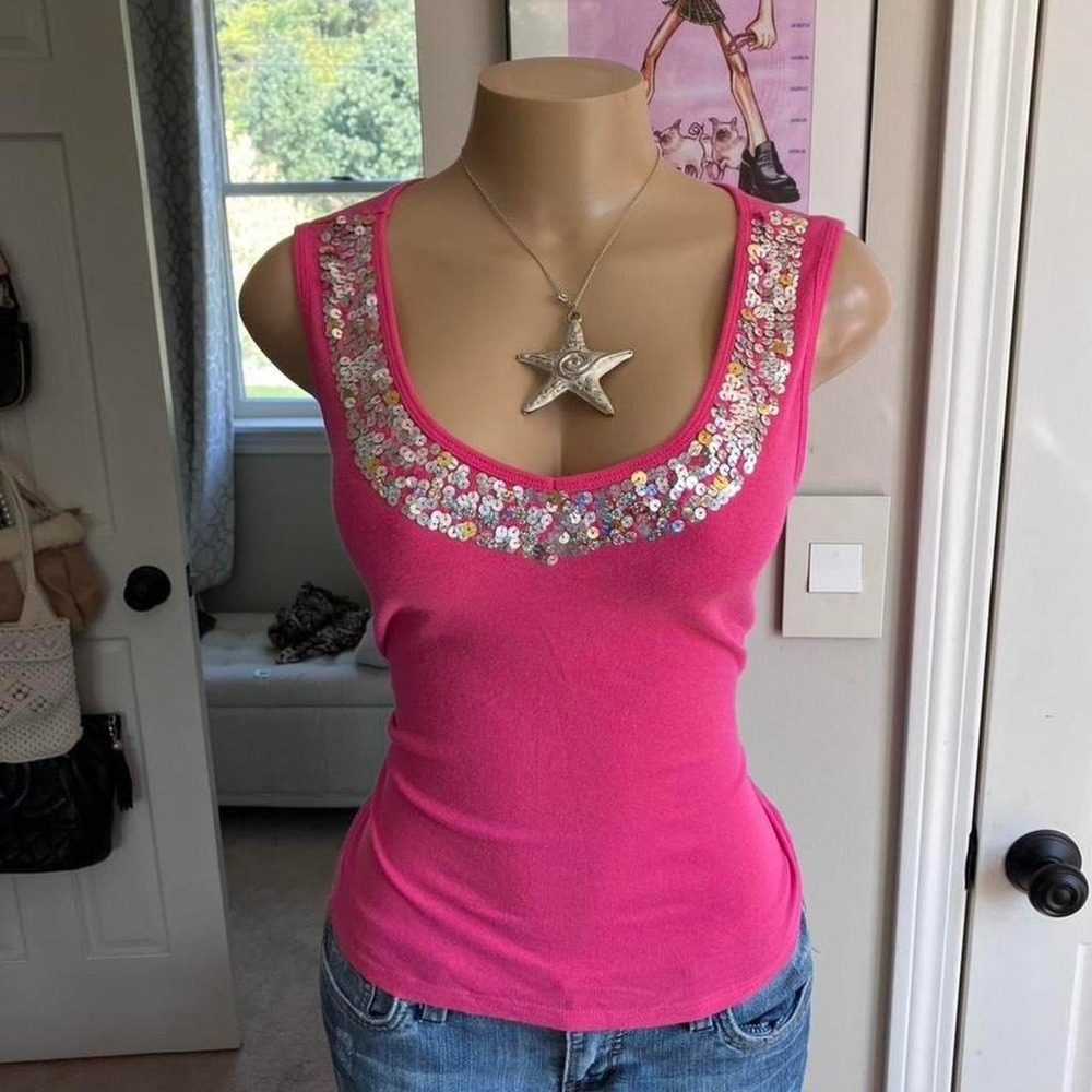 y2k 2000s mcbling hot pink sequin neckline tank top